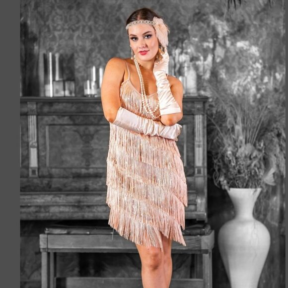 1920s Fringe & Sequin Flapper Dress - Rose Gold - Picture 1 of 11